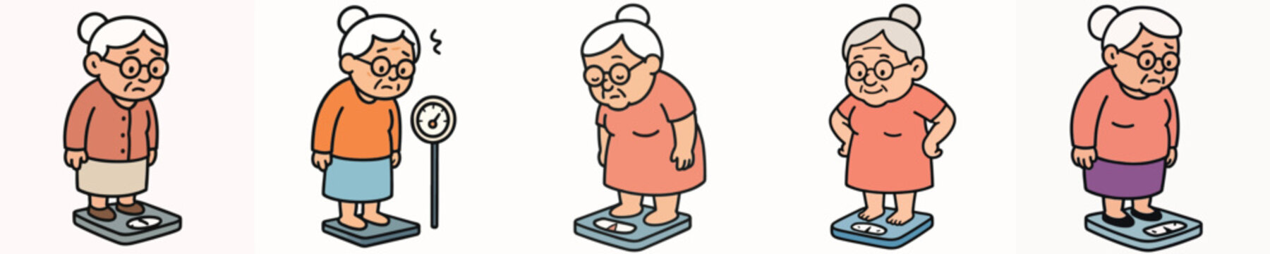 Set of vector illustrations of a grandmother weighing herself