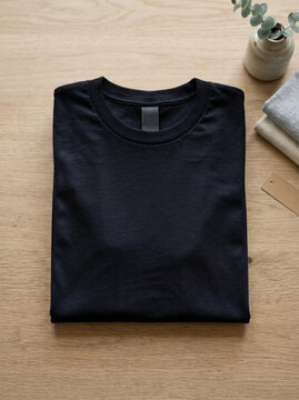 Neatly folded black blank cotton t shirt with a grey label on a light wooden table top view with a ceramic vase and folded clothes minimalist concept