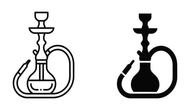 Collection of black silhouettes of hookahs or shisha water pipes on a white background nargile smoking