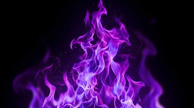 Purple fire flames on black background, ethereal violet blaze with glowing wisps, mystical neon purple heat and smoke for fantasy design concepts