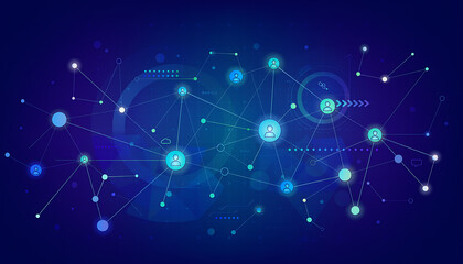 Obraz premium Abstract digital network visualization with glowing nodes and connecting lines on dark background data