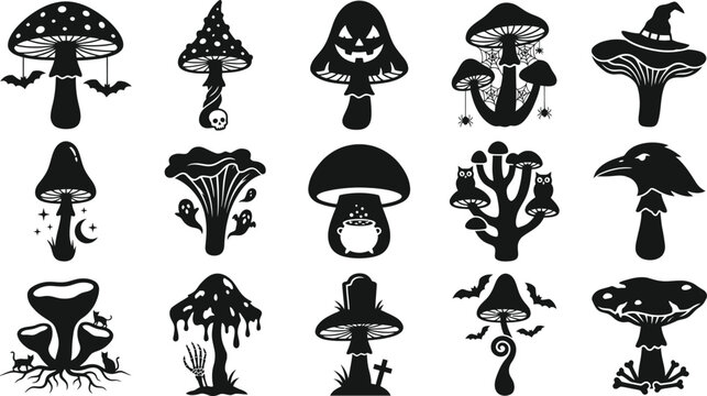 Spooky halloween vector bundle black silhouette mushroom illustrations for creepy designs party decorations