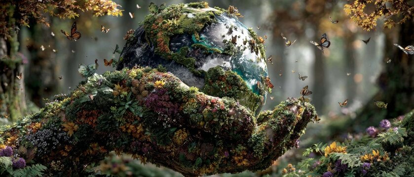 Nature's symphony: a visual ode to earth's green splendor. Design template. The forest's embrace: hands supporting a globe in an eco-friendly context. Sharp image. Blank background.