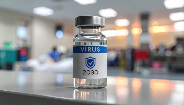 Vaccine vial labeled 2030 in clinical environment representing future medical innovation biotechnology health prevention and virus protection research