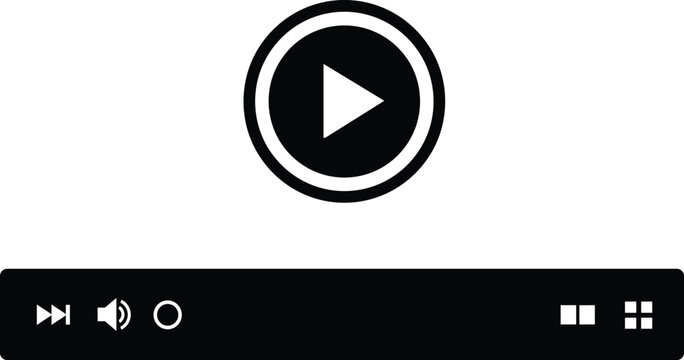 Media Player User Interface Icon Set with Play Button, Volume Control, Skip, Grid View, and Video Player Vector Elements for Apps and Websites