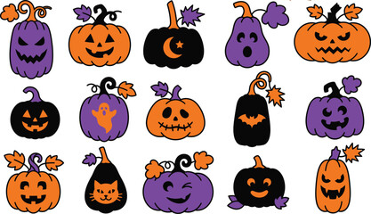 Fototapeta premium Colorful Halloween pumpkin bundle. Spooky halloween vector set cute pumpkin faces ghosts cats bats for festive designs