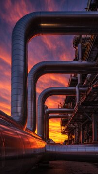 The dance of light and steel in the oil field at sundown. Visionary fashion. Industrial majesty: silhouetted refinery pipes at sundown. Edgy editorial. Artistic distortion.