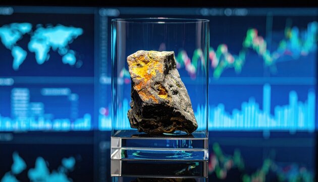 Uranium ore sample displayed in glass case against financial data charts symbolizing nuclear energy investment, raw material and global energy transition