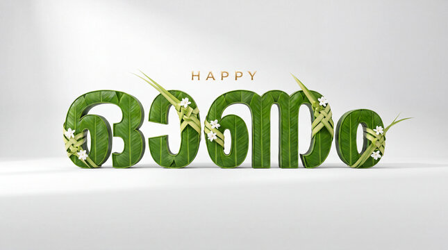 Happy Onam festive horizontal banner with 3D Malayalam typography text made of green leaves, decorated with woven coconut palm fronds on a white background with copy space.