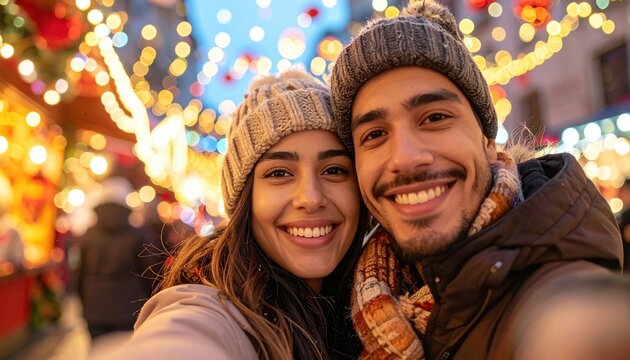 Couple enjoying festive lights at a Christmas market capturing joyful holiday spirit in a cozy winter atmosphere with glowing decorations and warm emotions