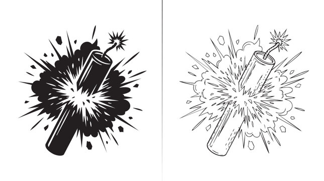 black silhouette with line art vector icon of an exploding firecracker