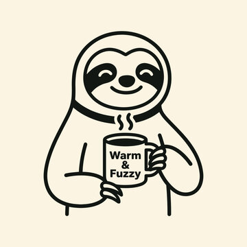 Smiling Sloth Holding Coffee Mug.