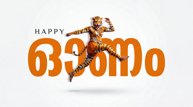 Pulikali tiger dancer leaping mid-air over bold orange Malayalam typography text on a clean white background, creative Happy Onam festive greeting banner with copy space.