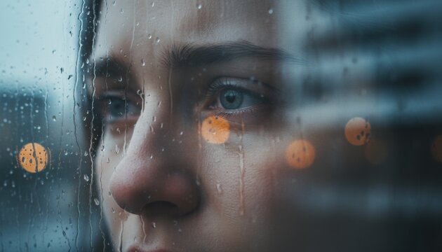 Closeup of thoughtful woman behind rainy window expressing sadness, reflection and emotional solitude in urban evening atmosphere