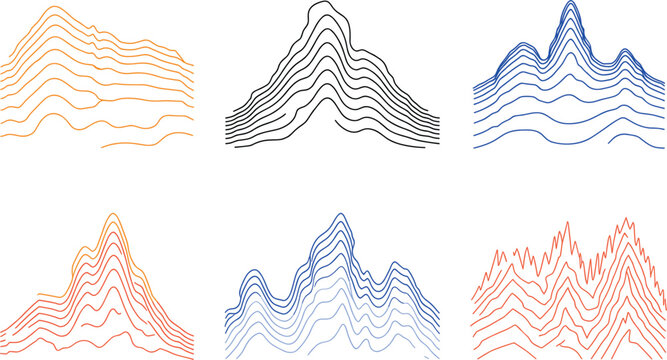 Abstract topographic map mountain line concepts set, wavy terrain elevation landscape, vector wireframe data illustration