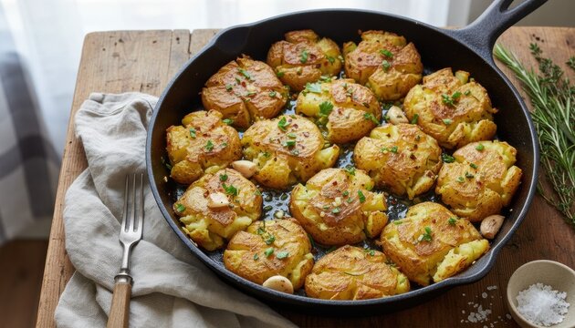 Crispy smashed potatoes with herbs and garlic in cast iron skillet on rustic table, symbolizing comforting home cooking, family dinner and cozy autumn gatherings