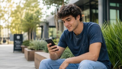 Fototapeta premium Young man using smartphone outdoors in modern urban park with casual lifestyle and technology