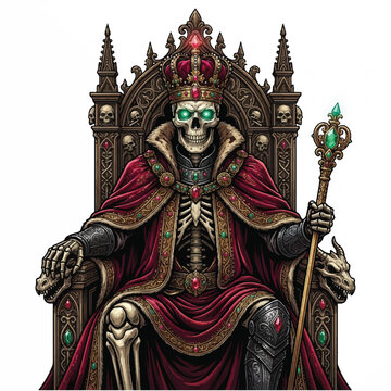Regal Undead King on a Dark Throne: Crimson Regalia, Scepter, and Regal Armor.