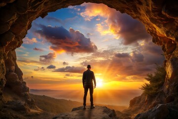 Fototapeta premium International migrants day concept: Silhouette humble man standing on cave autumn sunset background