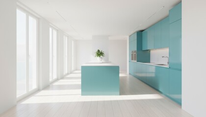 Fototapeta premium Bright modern kitchen interior with turquoise cabinet and sunlit floor in contemporary home