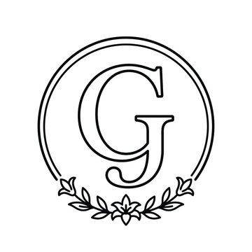 Monogram G inside a circle with a floral flourish, black outline logo element