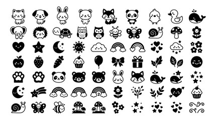 Animals, Objects, and Nature Icons in a Black and White Vector Illustration Featuring Cute, Cartoon, Symbols with Design © Firoz