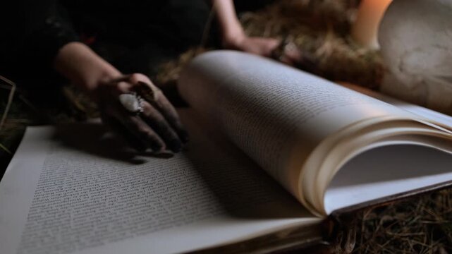 Left hand with black-painted nails and two ornate rings (one white stone, one amber stone) rests flat on printed book page near curved roll of pages