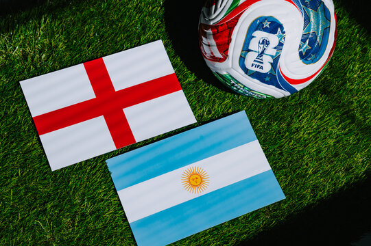 FIFA World Cup 2026 semifinal: England vs Argentina, national flags before international football match. Illustrational editorial photo
