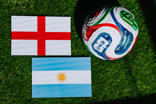 FIFA World Cup 2026 semifinal: England vs Argentina, national flags before international football match. Illustrational editorial photo