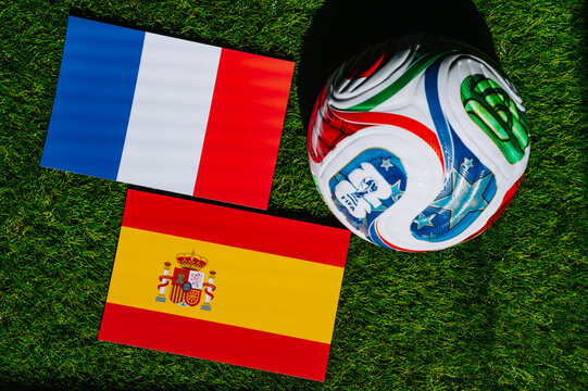 FIFA World Cup 2026 semifinal: France vs Spain, France and Spain flags prepared for a major international football competition. Illustrational sports editorial photo