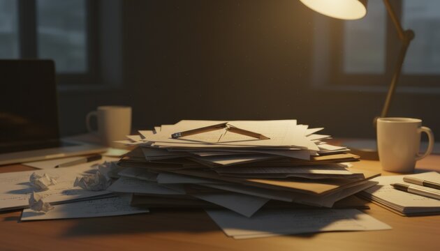Desk cluttered with paper and broken pencil reflecting work stress deadline pressure creativity block and productivity challenges