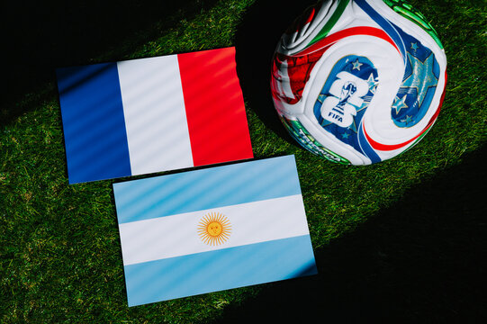 France vs Argentina, national flags before international football match. Illustrational editorial photo