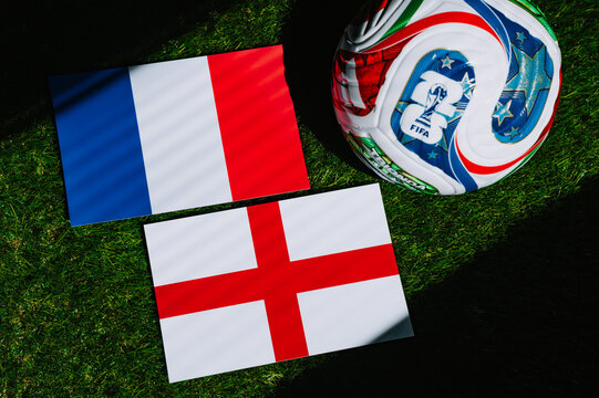 FIFA World Cup 2026 third place match: France vs England, national flags before international football match. Illustrational editorial photo