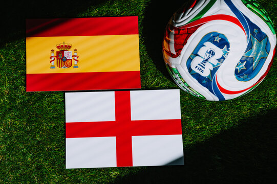 FIFA World Cup 2026: Spain vs England, national flags before international football match. Illustrational editorial photo