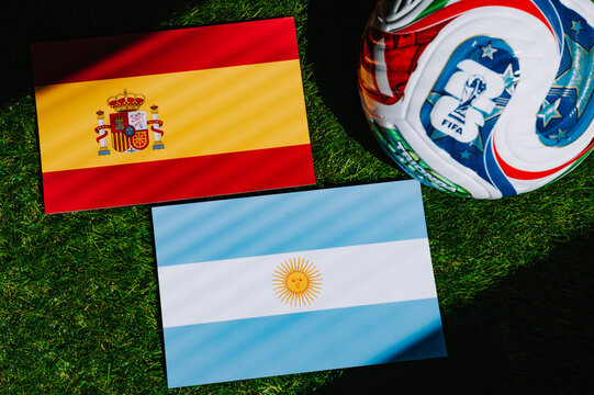 FIFA World Cup 2026 final: Spain vs Argentina, national flags before Final football match. Illustrational editorial photo