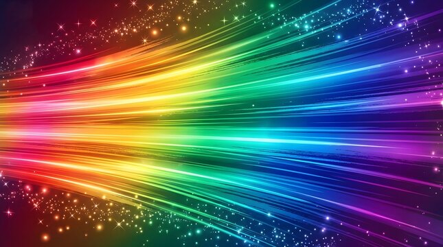 Vibrant rainbow light trails with sparkling glitter particles. Abstract glowing neon streaks in motion. Colorful spectrum background for design.