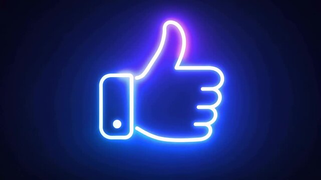 Glowing blue neon thumbs up icon on dark background representing social media approval and positive feedback