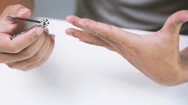 Close up of hands using a nail clipper to trim fingernails at home, highlighting personal hygiene, grooming, self care, nail maintenance, cleanliness, healthcare routine, and everyday wellness.