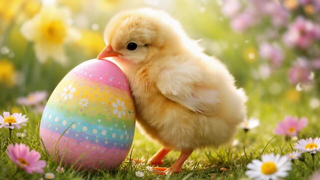 Cute fluffy Easter chick standing beside decorated egg in blooming spring meadow with colorful flowers