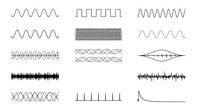 Sound Waves with Distinct Patterns Arranged in a Grid Featuring Audio, Frequency, Amplitude with Oscillation and Sine Elements