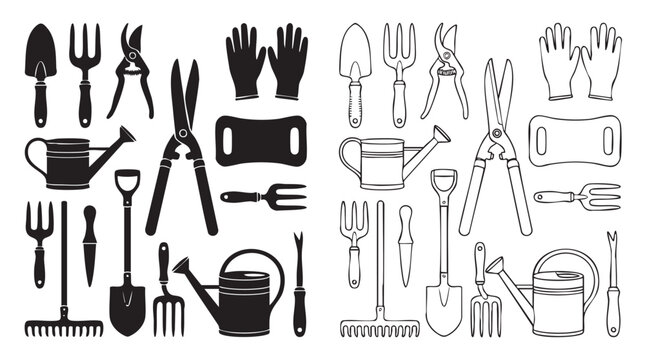 gardening tools black silhouette with line art vector icon set