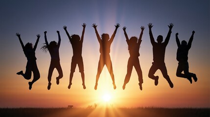 Obraz premium Youth Friendship Freedom, Friends jump against a glowing sunset sky expressing freedom, happiness, and the pure joy of friendship.