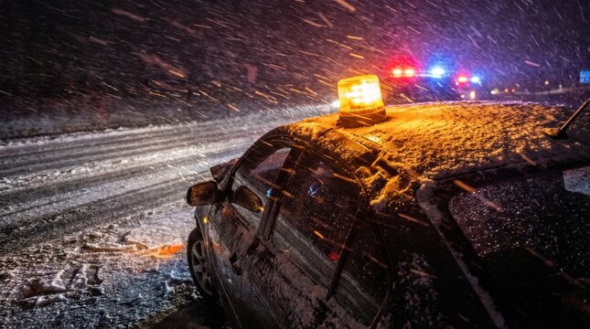 Police car with flashing red and blue lights parked on snowy road during intense blizzard at night to assist in emergency