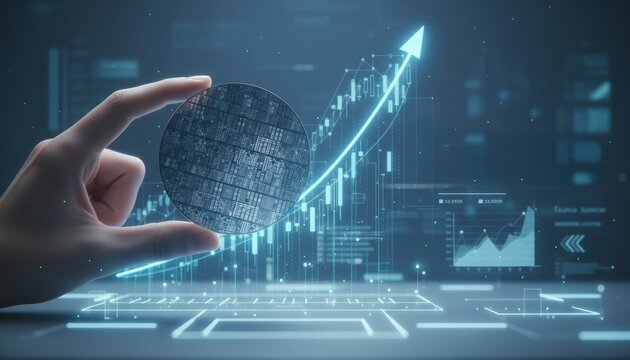 Hand holding silicon wafer disc against backdrop of rising financial stock market growth chart and holographic data visualization interface symbols