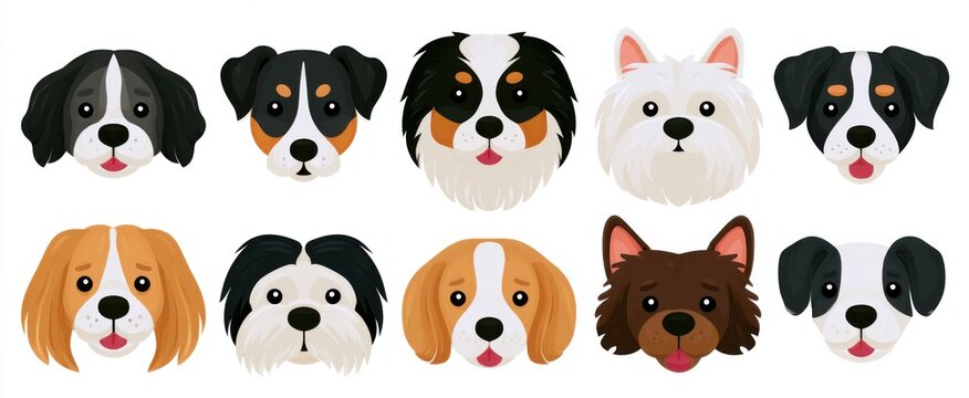 Playful dog animal face cartoon set in vibrant flat illustration style. Adorable puppy pet collection, various domestic dogs.