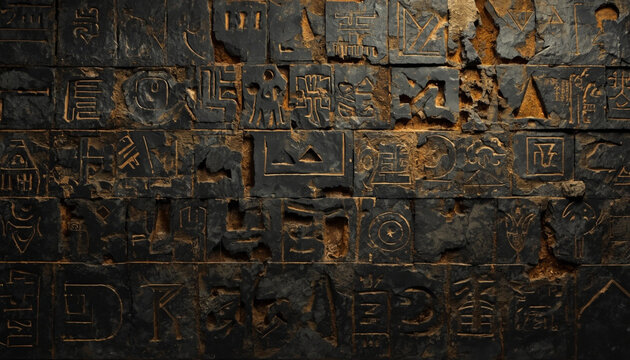 Generative AI illustration of abstract Anatolian style graphic background featuring ancient lost languages, stone inscriptions, and monolithic hieroglyph layers
