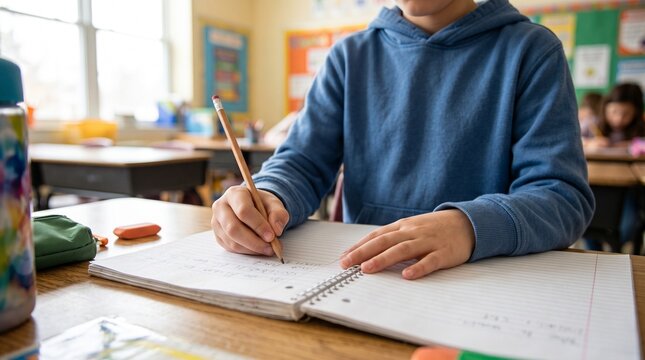 A young student in a blue hoodie diligently writes in a spiral notebook with a pencil at a wooden desk in a bright classroom.