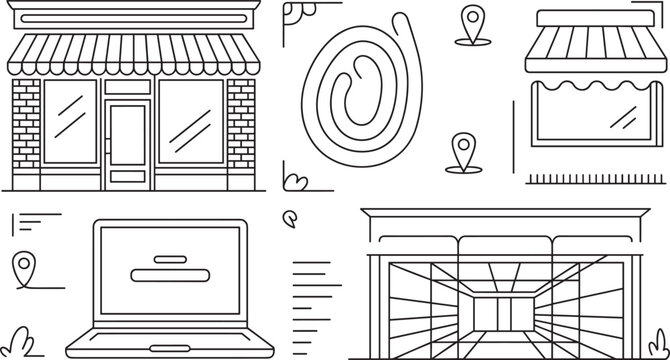 Storefront and online shop vector line icon set with laptop facade location pin and ecommerce elements for commercial design