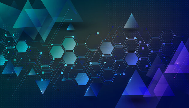 Blue and purple geometric polygon shapes with glowing nodes and connecting lines, futuristic tech background