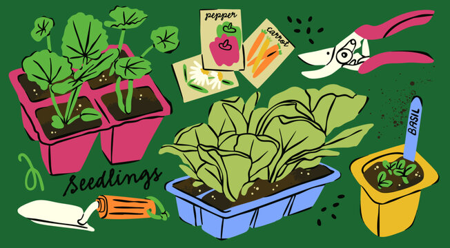 Spring Garden set. Gardening tools, sprouts, green baby plants, seedlings, seeds, containers, pots, soil. Equipment for replanting plants. Hand drawn Vector illustration. Isolated design elements